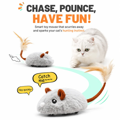 Automatic Moving Mouse Cat Toy – Interactive Plush Motion Toy with Real Feathers & USB Rechargeable Design