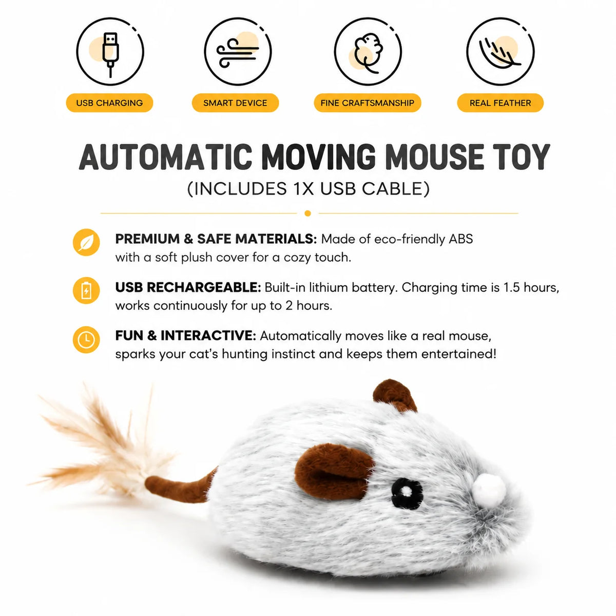 Automatic Moving Mouse Cat Toy – Interactive Plush Motion Toy with Real Feathers & USB Rechargeable Design