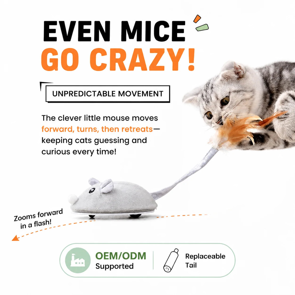 Automatic Moving Mouse Cat Toy – Interactive Plush Motion Toy with Real Feathers & USB Rechargeable Design