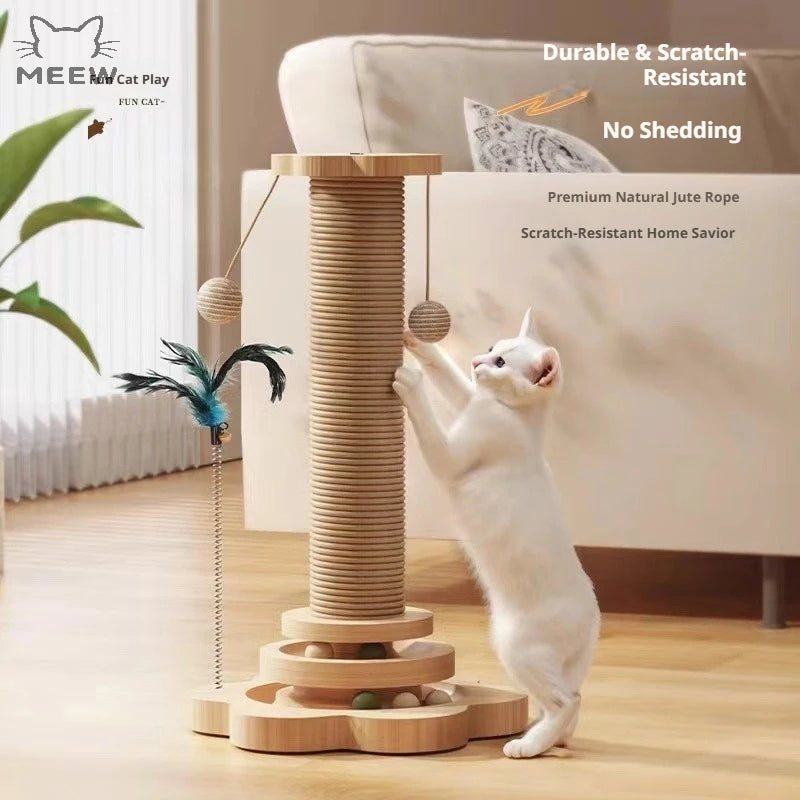 31" Solid Wood Cat Scratching Post – Eco-Friendly Cat Tree with Sisal Pole, Interactive Track Balls & Hanging Toy