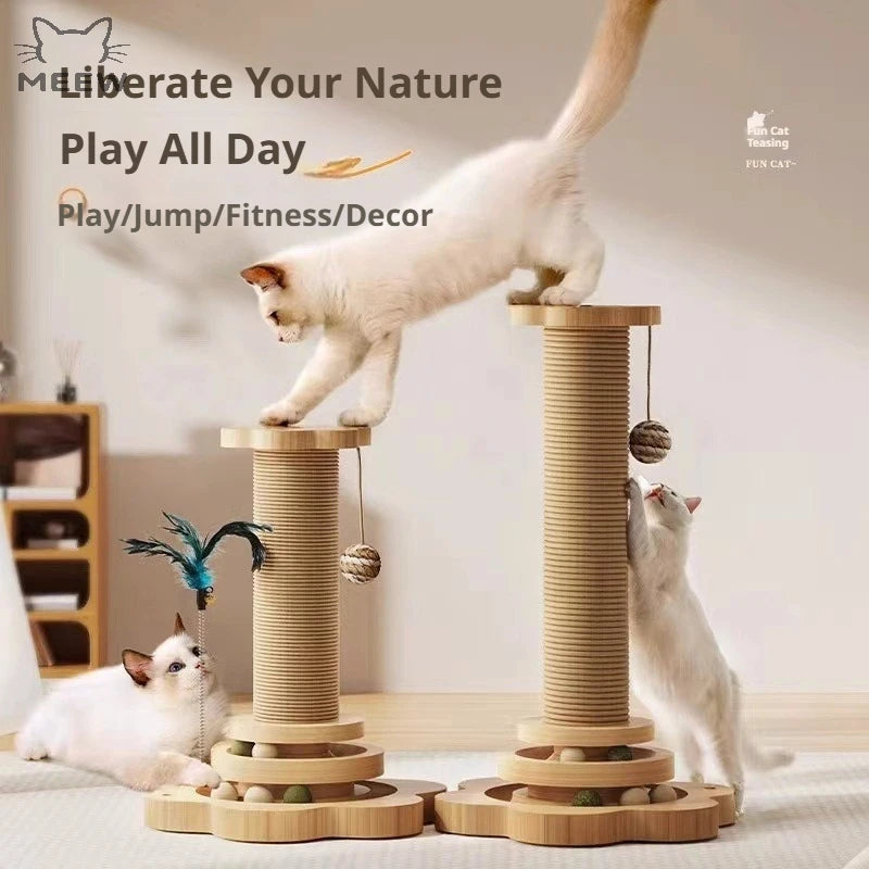 31" Solid Wood Cat Scratching Post – Eco-Friendly Cat Tree with Sisal Pole, Interactive Track Balls & Hanging Toy