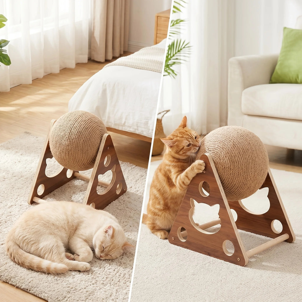 Luxury Interactive Wooden Cat Scratcher – Sisal Ball Cat Tree with Climbing & Rotating Play Features