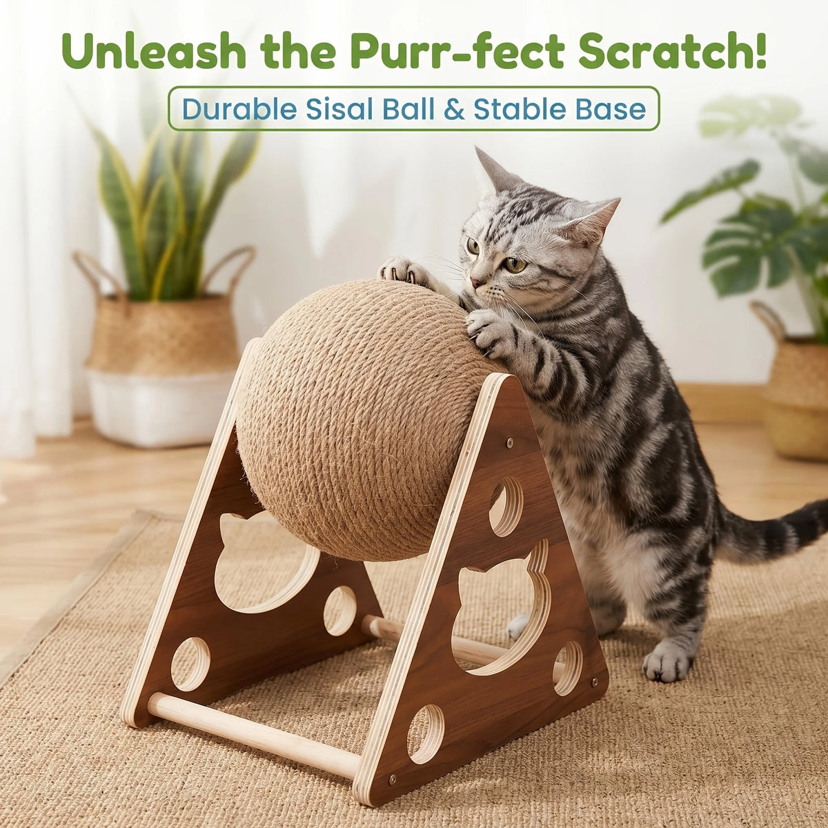 Luxury Interactive Wooden Cat Scratcher – Sisal Ball Cat Tree with Climbing & Rotating Play Features
