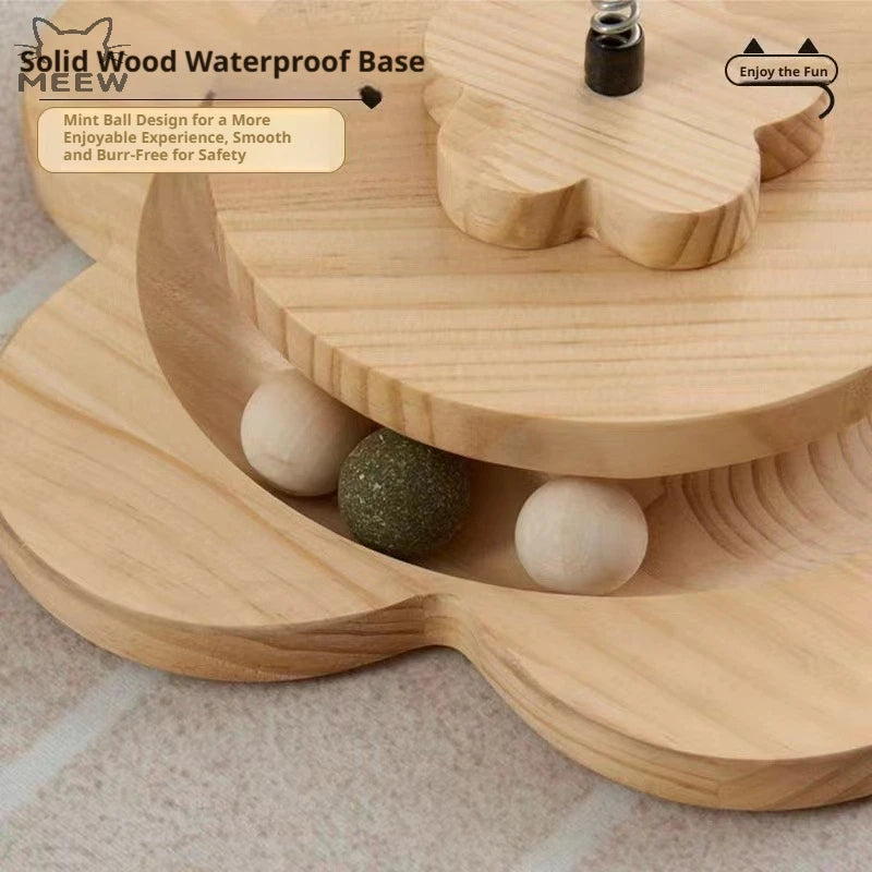 31" Solid Wood Cat Scratching Post – Eco-Friendly Cat Tree with Sisal Pole, Interactive Track Balls & Hanging Toy