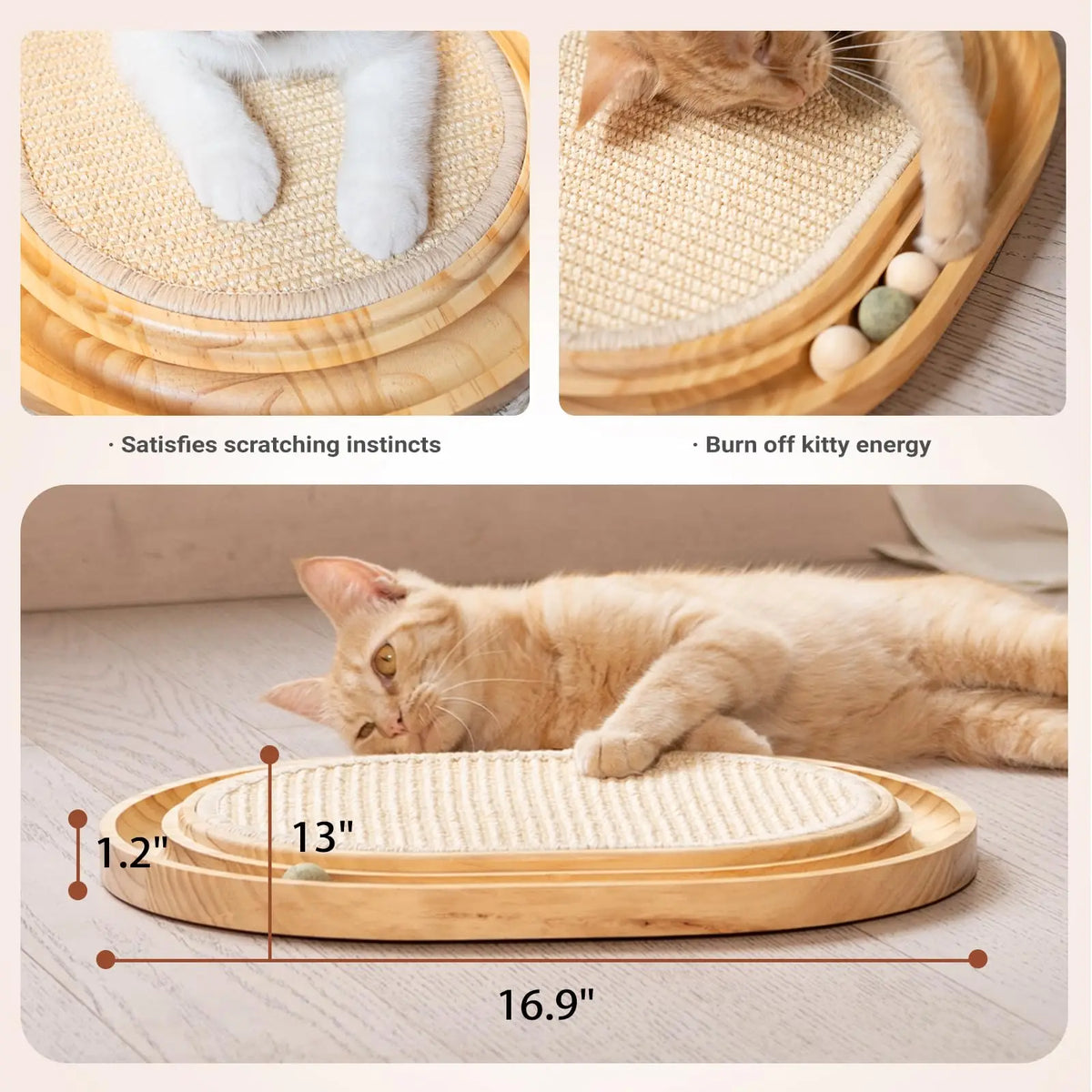 Interactive Bamboo Cat Scratcher – Wooden Cat Scratching Board with Ball Track for Indoor Cats