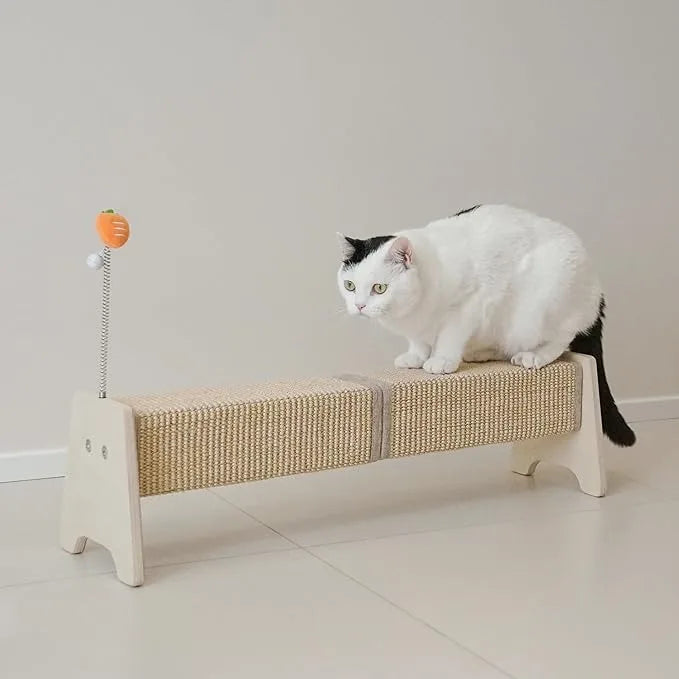 Modern Wooden Horizontal Cat Scratcher – Durable Sisal Scratch Pad with Spring Toy for Indoor Cats
