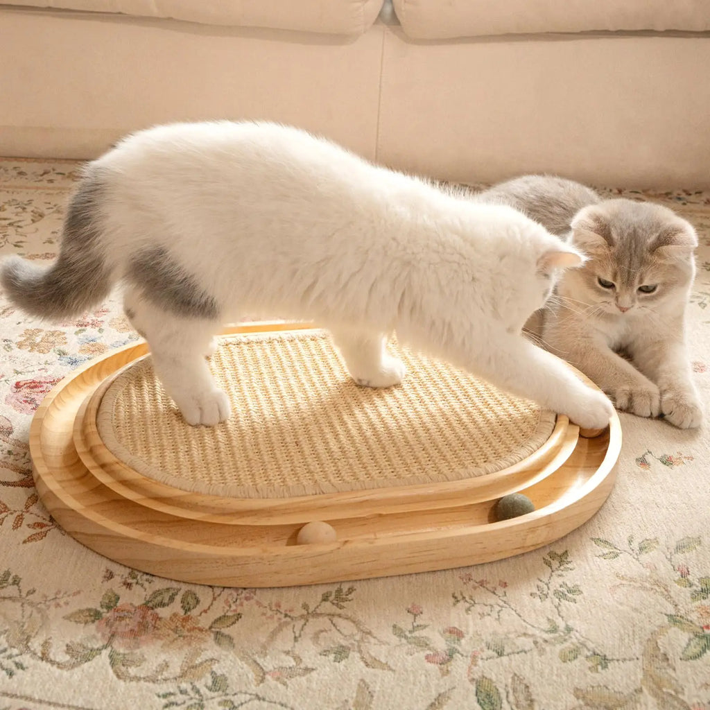 Interactive Bamboo Cat Scratcher – Wooden Cat Scratching Board with Ball Track for Indoor Cats
