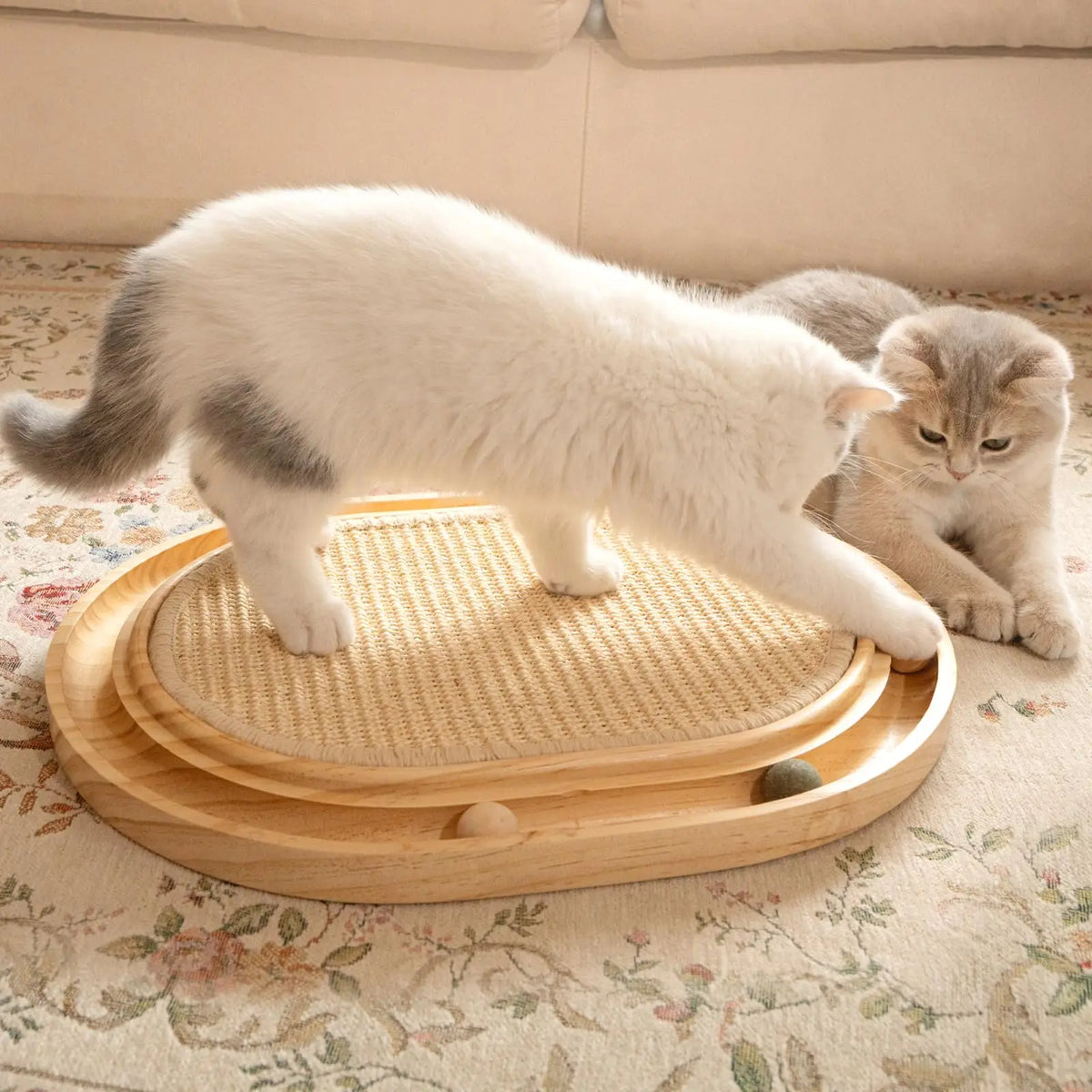 Interactive Bamboo Cat Scratcher – Wooden Cat Scratching Board with Ball Track for Indoor Cats