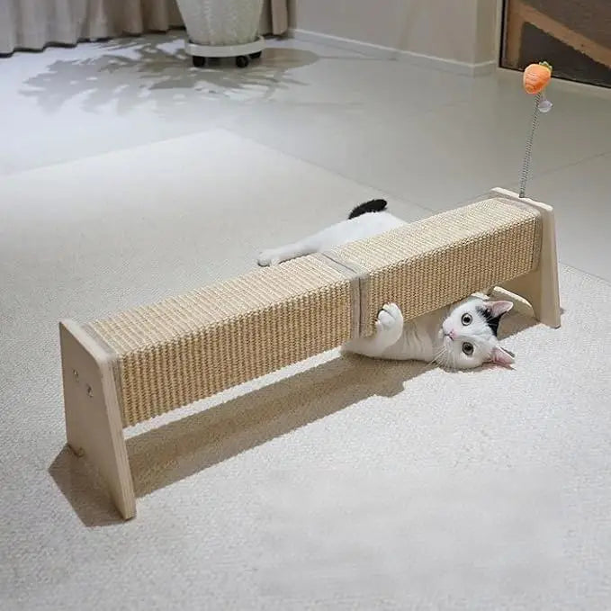 Modern Wooden Horizontal Cat Scratcher – Durable Sisal Scratch Pad with Spring Toy for Indoor Cats