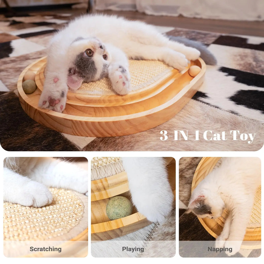 Interactive Bamboo Cat Scratcher – Wooden Cat Scratching Board with Ball Track for Indoor Cats