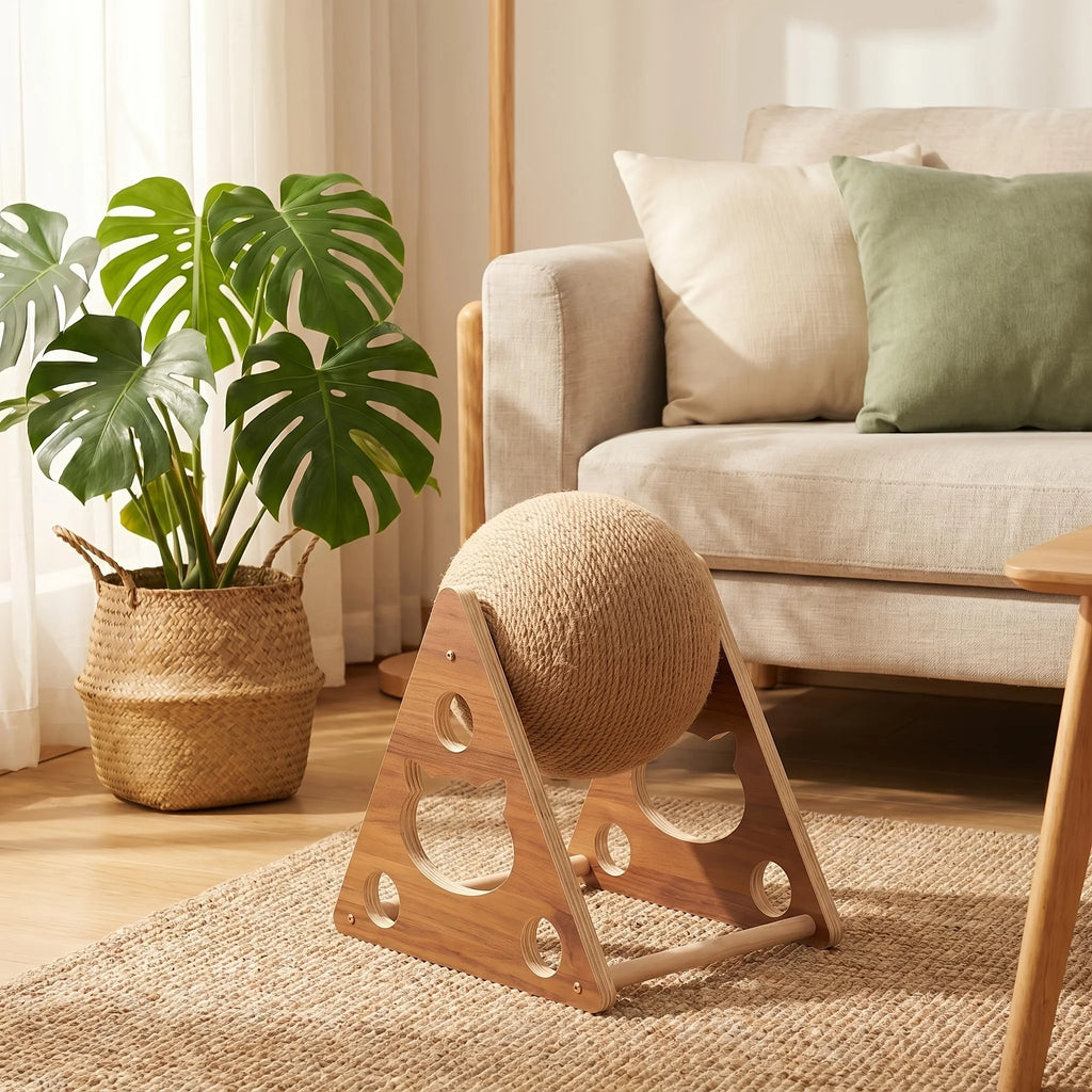 Luxury Interactive Wooden Cat Scratcher – Sisal Ball Cat Tree with Climbing & Rotating Play Features