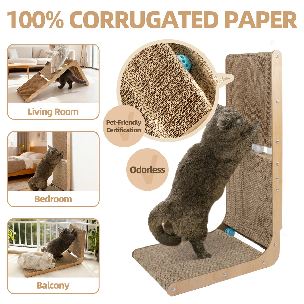L-Shaped Interactive Cat Scratcher Bed – Corrugated Cardboard & Wood Design for Indoor Cats