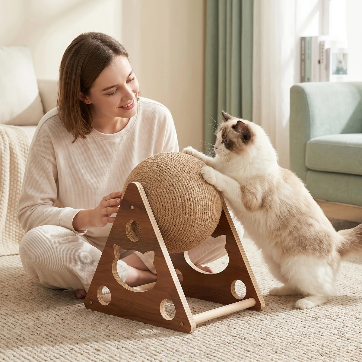 Luxury Interactive Wooden Cat Scratcher – Sisal Ball Cat Tree with Climbing & Rotating Play Features