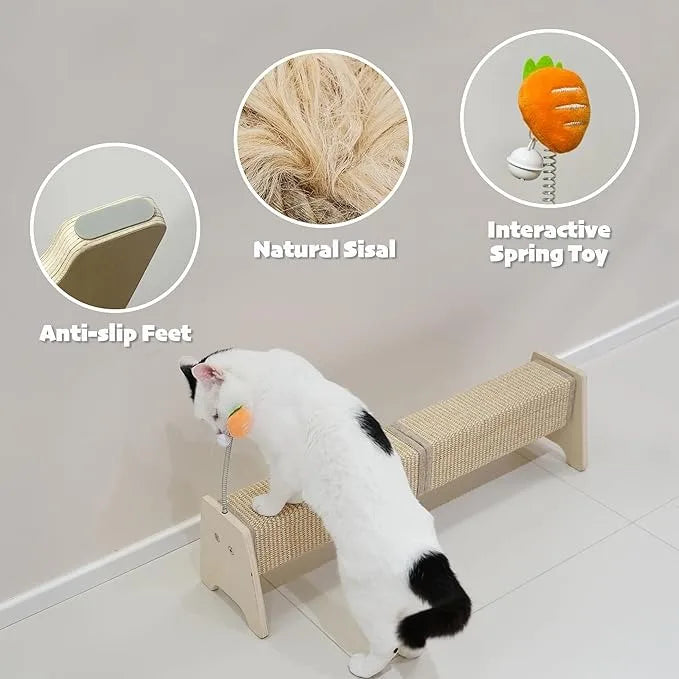 Modern Wooden Horizontal Cat Scratcher – Durable Sisal Scratch Pad with Spring Toy for Indoor Cats