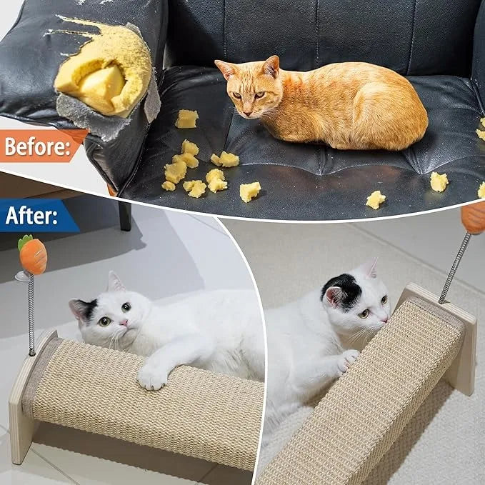 Modern Wooden Horizontal Cat Scratcher – Durable Sisal Scratch Pad with Spring Toy for Indoor Cats