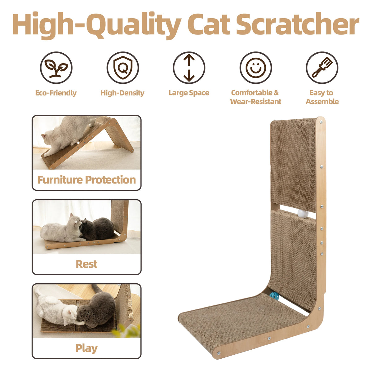 L-Shaped Interactive Cat Scratcher Bed – Corrugated Cardboard & Wood Design for Indoor Cats