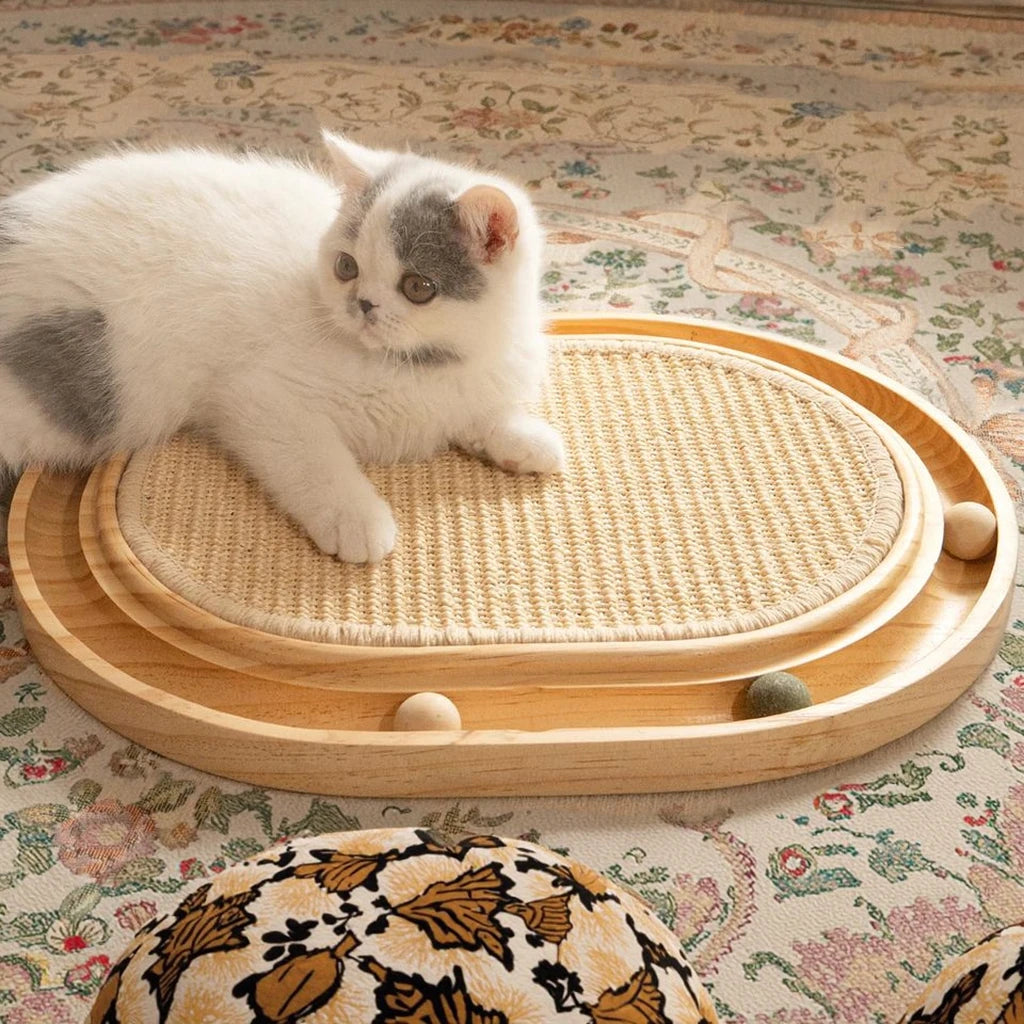 Interactive Bamboo Cat Scratcher – Wooden Cat Scratching Board with Ball Track for Indoor Cats
