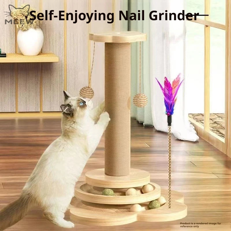 31" Solid Wood Cat Scratching Post – Eco-Friendly Cat Tree with Sisal Pole, Interactive Track Balls & Hanging Toy