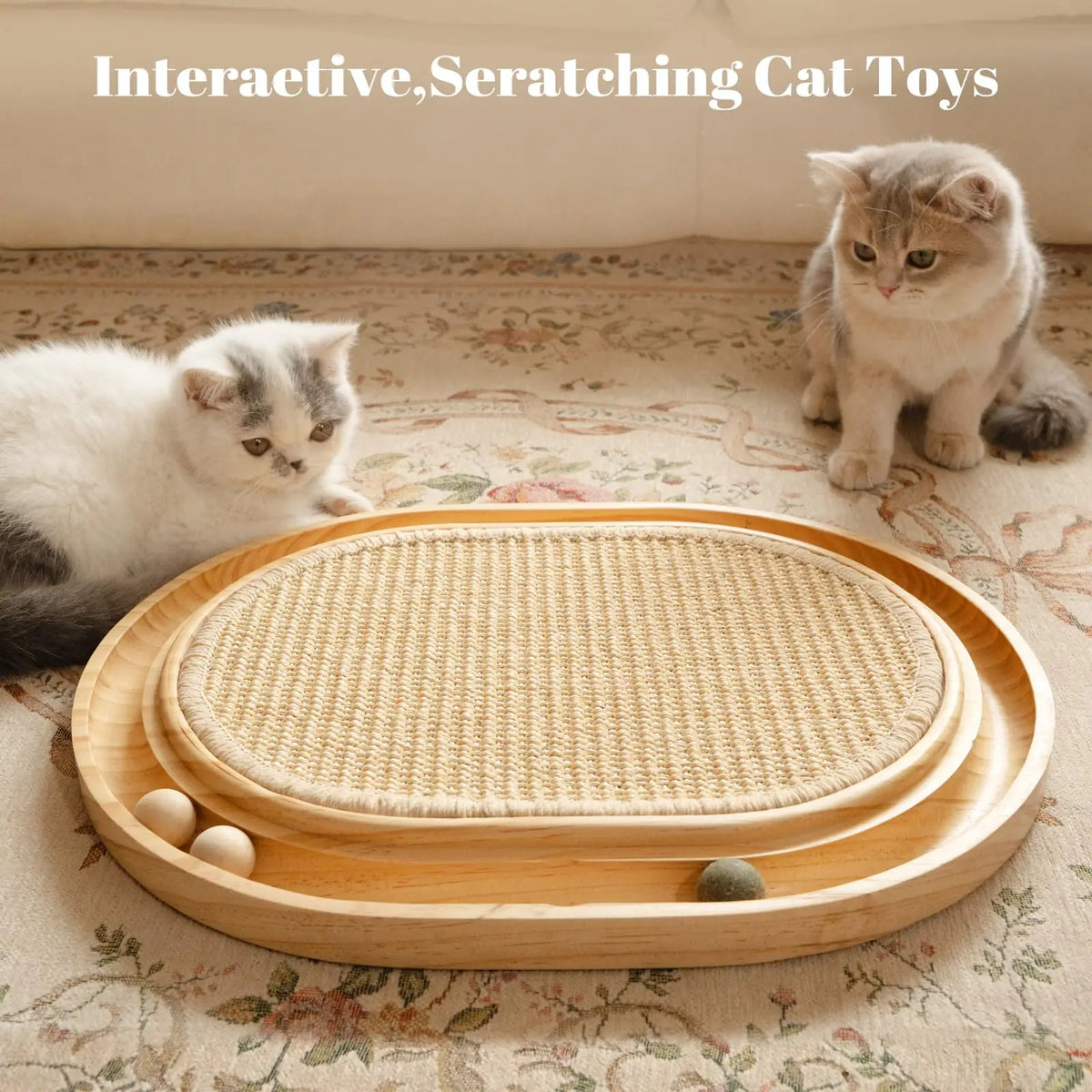 Interactive Bamboo Cat Scratcher – Wooden Cat Scratching Board with Ball Track for Indoor Cats