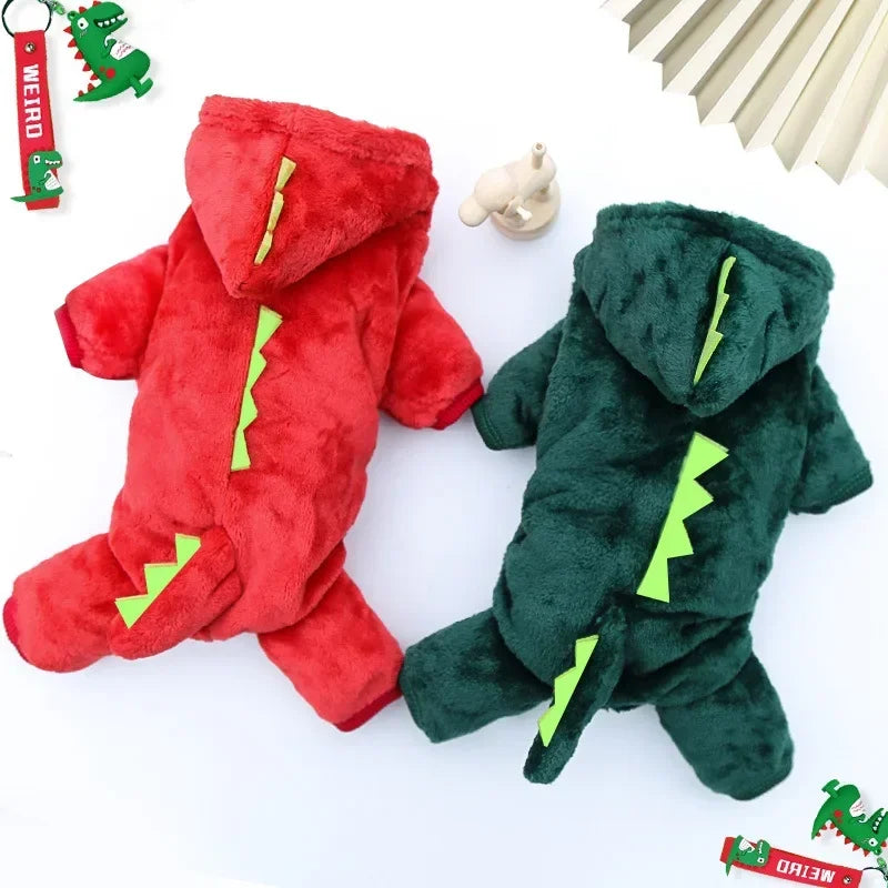 Dinosaur Fleece Dog Jumpsuit – Warm Winter Hoodie Costume for Dogs & Cats