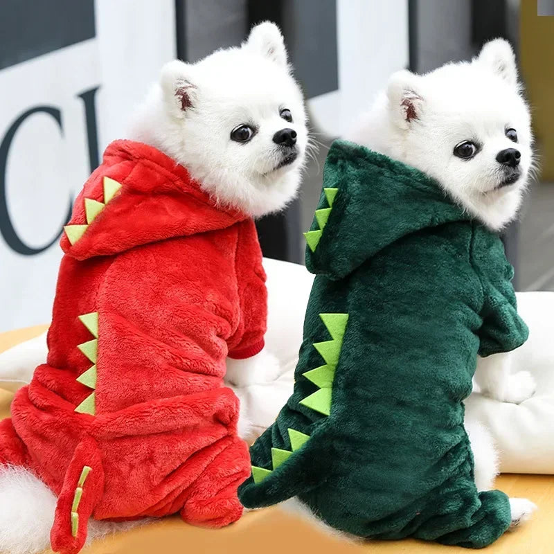 Dinosaur Fleece Dog Jumpsuit – Warm Winter Hoodie Costume for Dogs & Cats