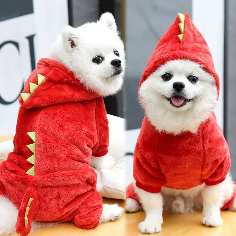 Dinosaur Fleece Dog Jumpsuit – Warm Winter Hoodie Costume for Dogs & Cats